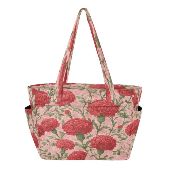 Quilted Tote Bag Large Capacity Multi-Compartment Handbag Lightweight Structured Shoulder Bag Versatile Casual Bag Elegant Red Carnation Pattern