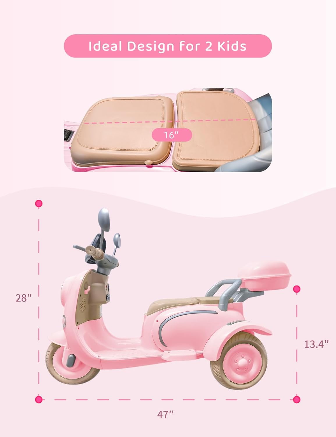 TCARAIWEN Girls Electric Motorcycle, 2 Seats Kids Motorcycle,12V Ride On Scooter for Kids with Storage Compartments, Cute Design with Stable 3-Wheel Structure, Ideal Moped for Girls Ages 3-6 (Pink)