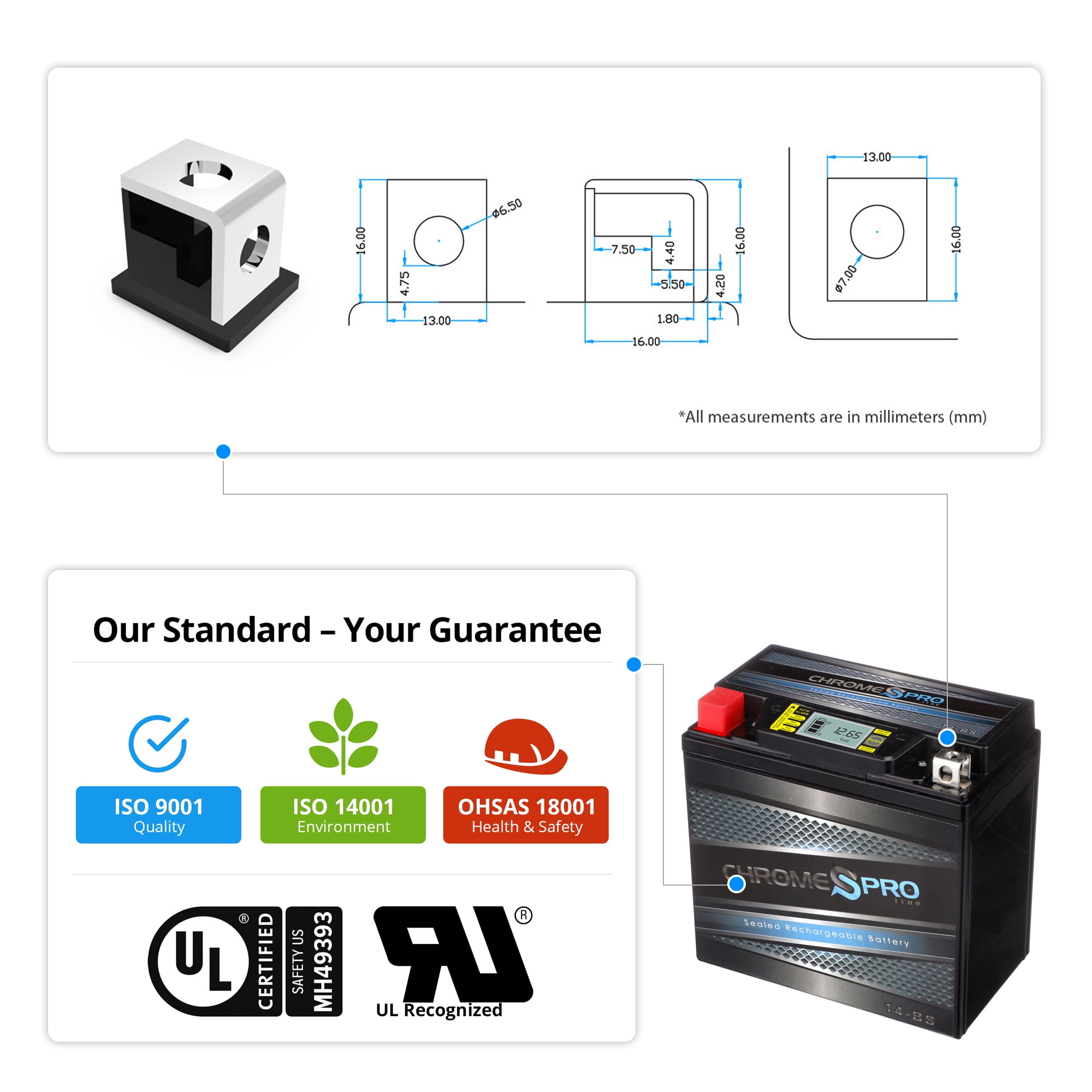 Chrome Pro Battery AGM 12.65 Volt Vehicle Battery Group Size YTX14-BS, 200 CCA for Motorcycles