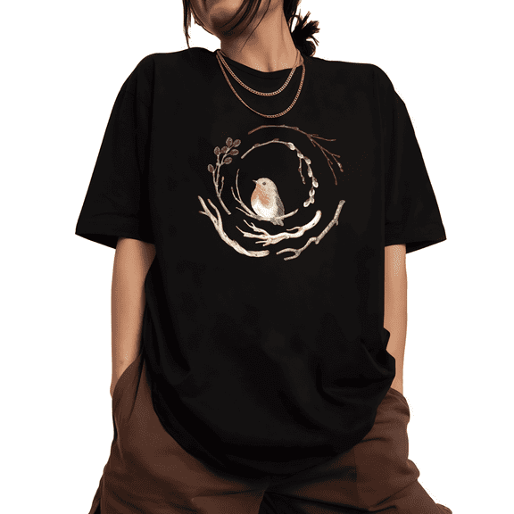 Women's Robin Branch Wreath Printed Cotton Crew Neck T Shirt Black S-5XL