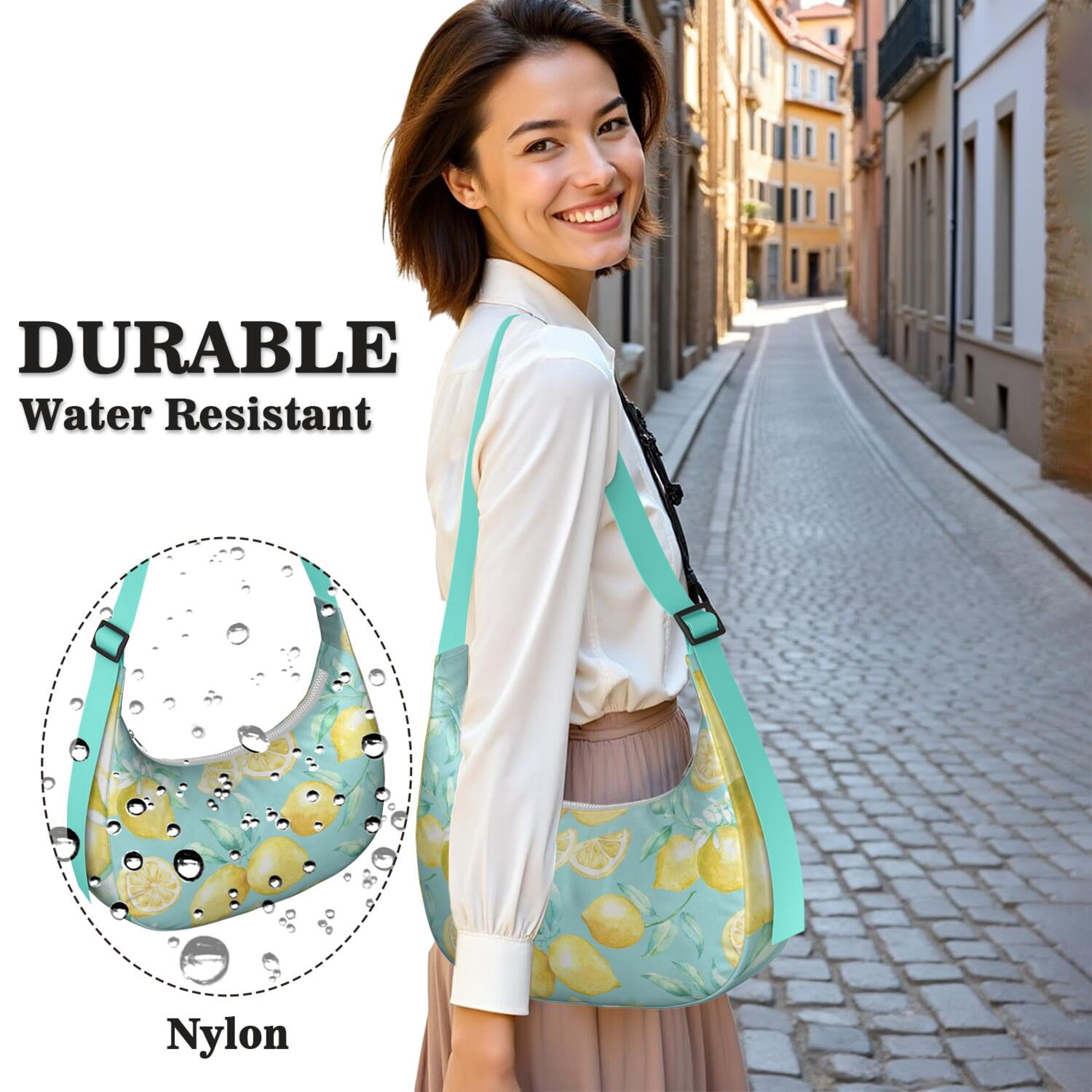 Lemon Lover Shoulder Bag for Women, Yellow Fruit Print Lightweight Crossbody Purse, Modern Summer Hobo Tote, Water-Resistant Nylon Handbag with Spacious Interior