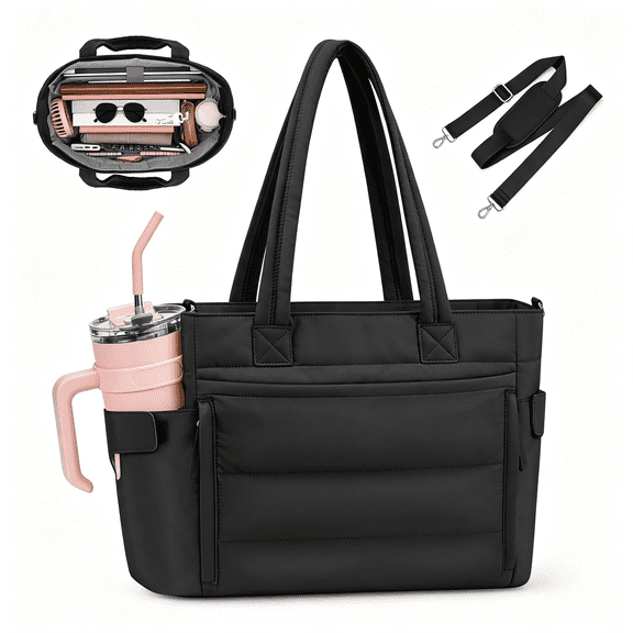 GASTROPOD Puffer Tote Bag with 40Oz Cup Holder,Quilted Work Bag|Puffy Tote Bag,Fits 15.6" Laptop,40Oz Bottle Pockets,Multi-Pocket Organizer,Work School Travel,Lightweight Quilted