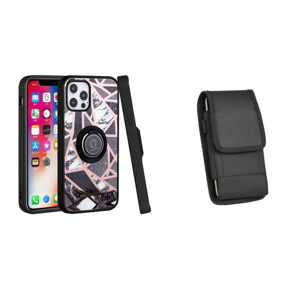 Bemz Ring Series Case for iPhone 14 Plus (TPU Silicone Cover with Magnetic Stand) and Vertical Nylon Belt Holster Pouch - Black White Marble