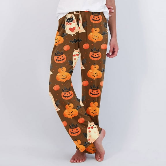 Halloween Pajamas Women Pants Pumpkin Printed Pajama Pants Orange 2XL