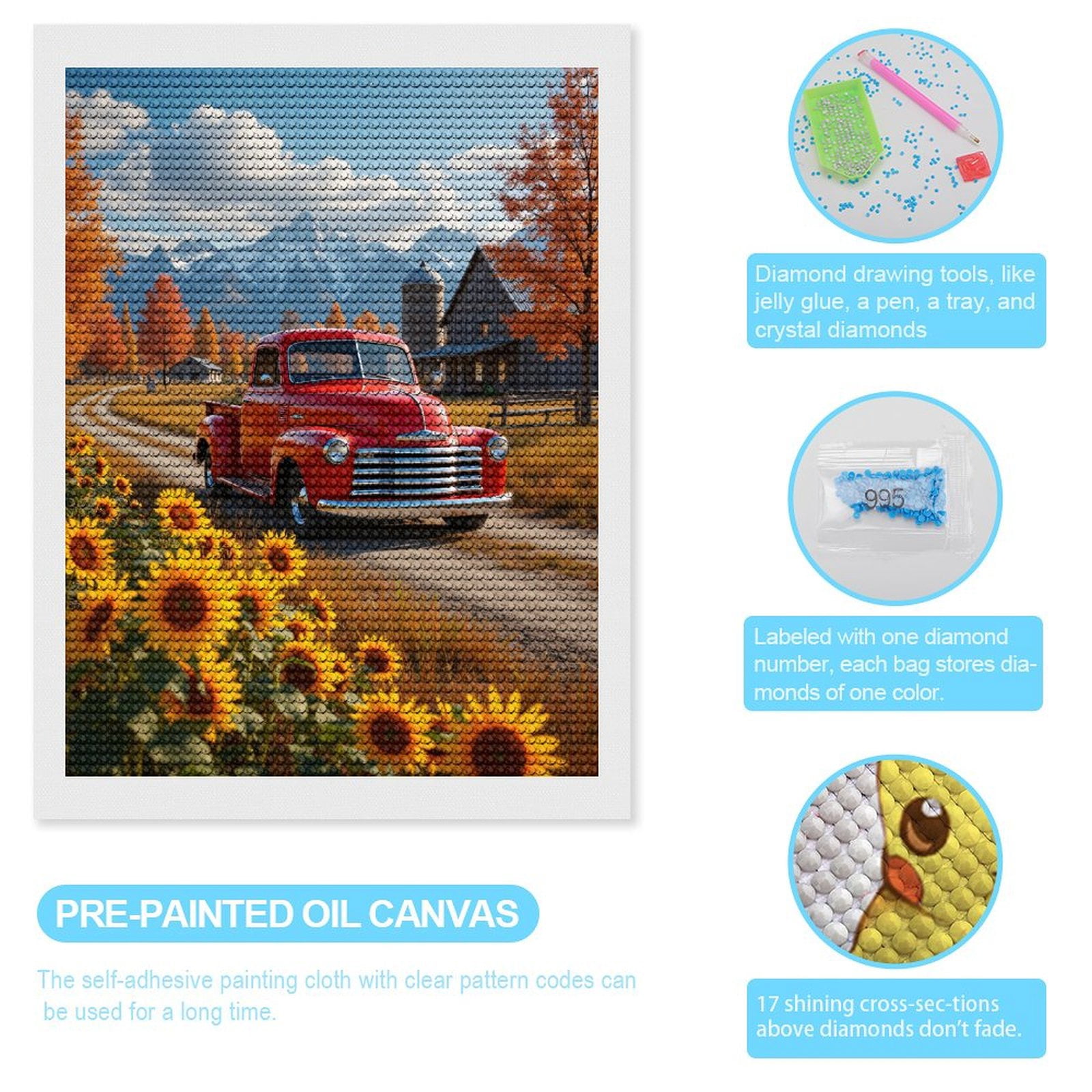 Diamond Art Kits for Adults, Vintage Red Truck Country Landscape 5D Diamond Painting Kits for Adults Beginners, DIY Full Drill Diamond Painting, Gem Art and Crafts 12x16
