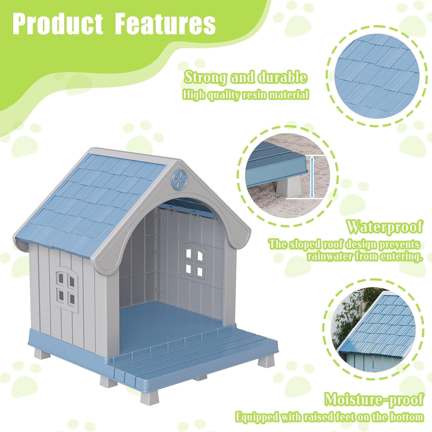 Outdoor Pet House with Elevated Platform, Weatherproof Plastic Pet Shelter for Medium Pets