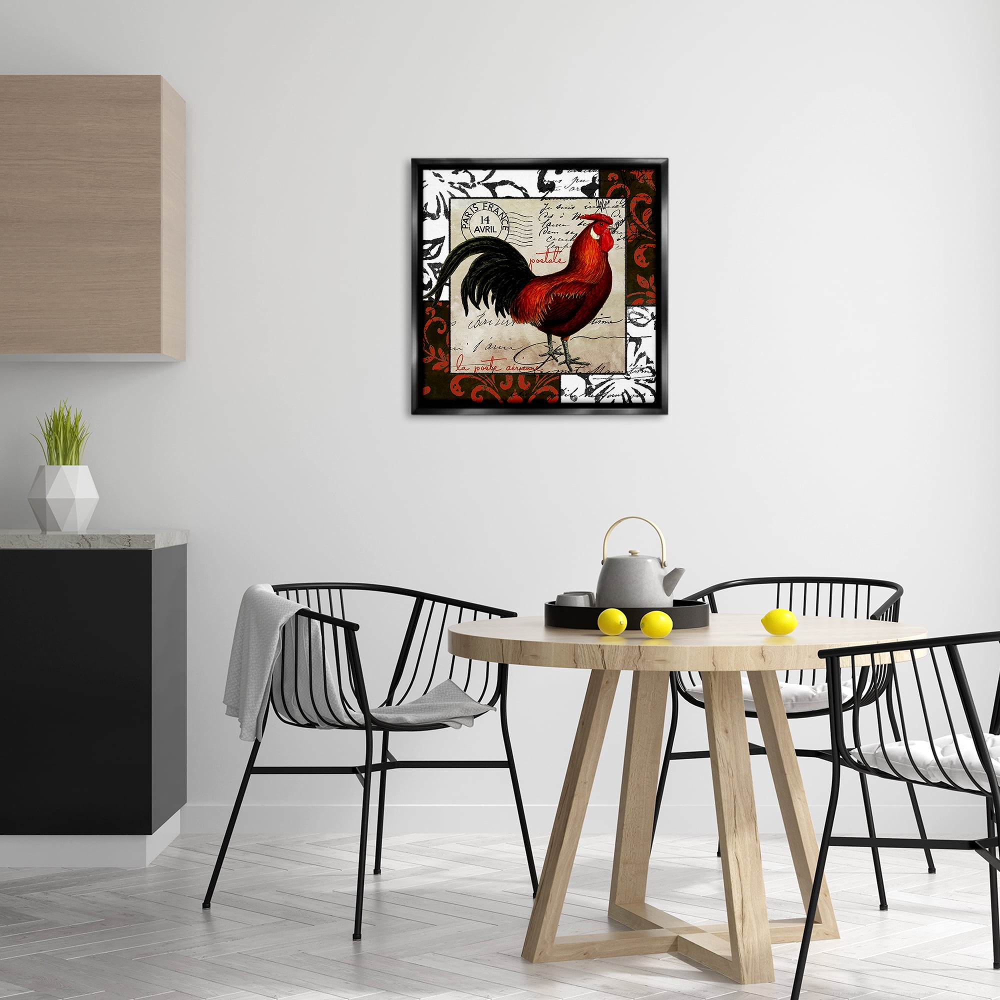 Stupell Industries Rooster & Vintage Post Animals Painting Black Floater Framed Canvas Art Print Wall Art, 25 x 25