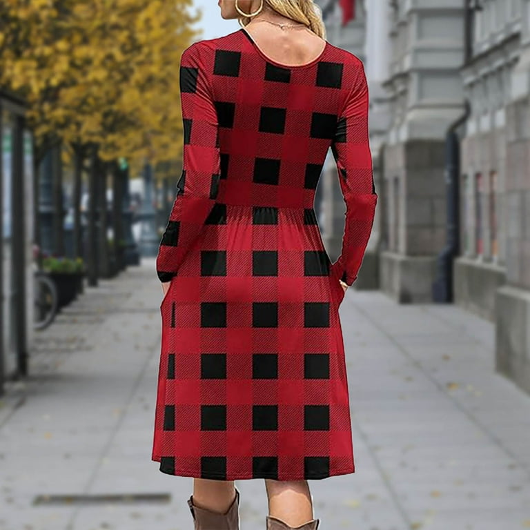 Kilaqueen Empire Waist Fall Dresses for Women Classic Plaid Long Sleeve Long Dresses with Pockets Crew Neck Loose Knee Length Vocation Outfits,