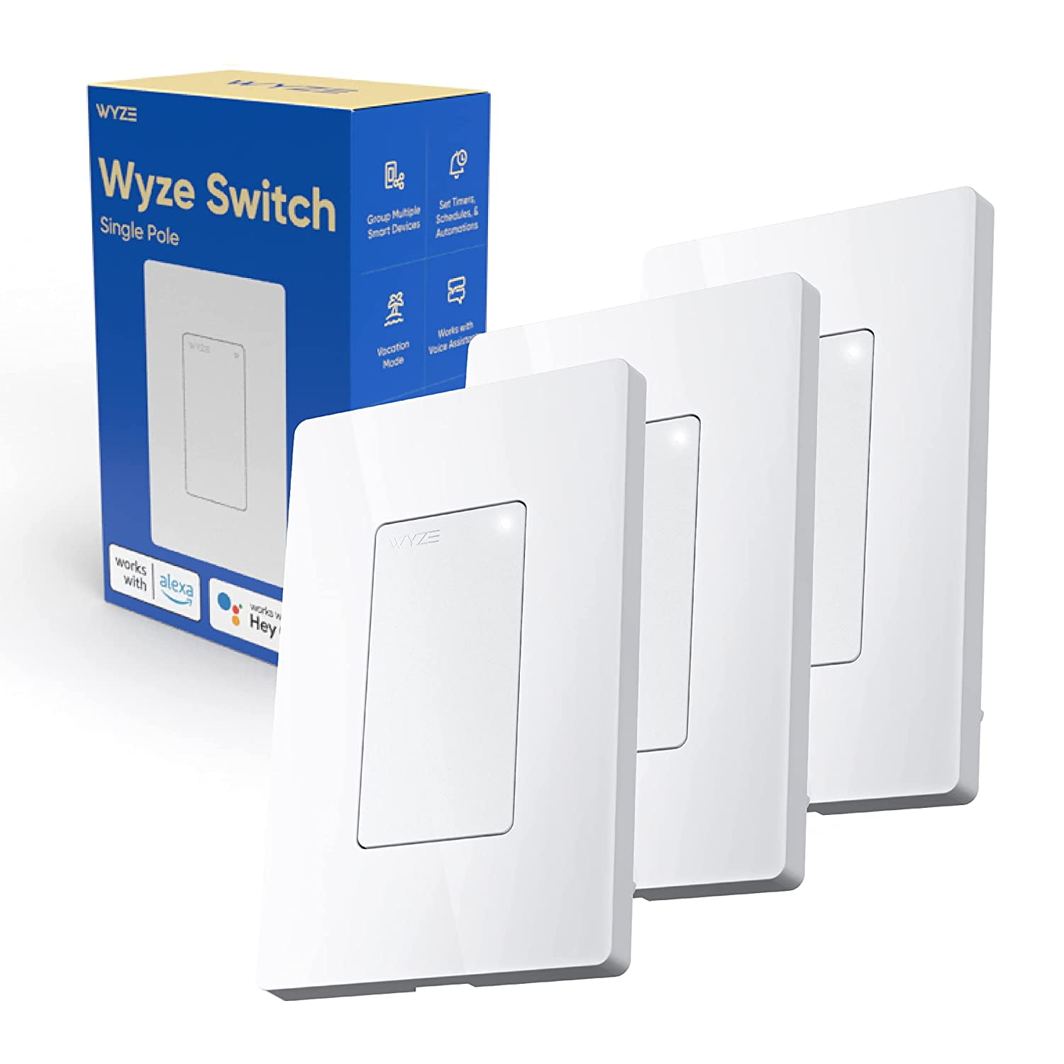 Wyze Switch 3Pack, 2.4 GHz Wifi Smart Light Switch, SinglePole, Works with Alexa, Google