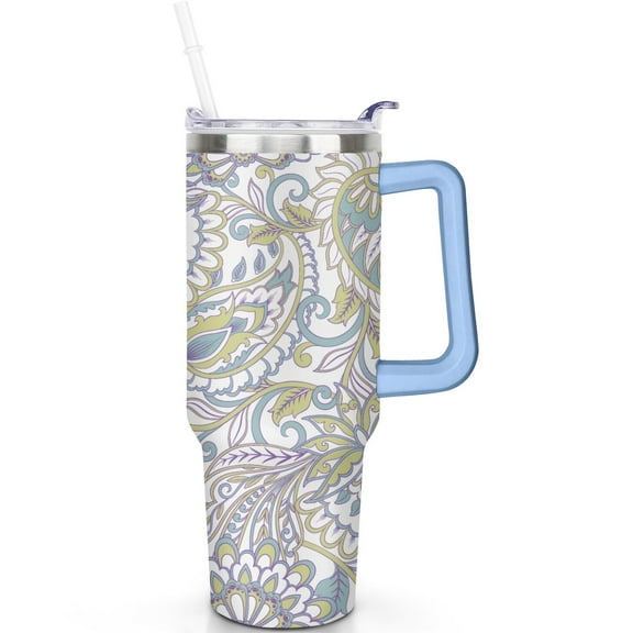 Durable 40oz Paisley Travel Tumbler with Handle and Leak Proof Flip Straw Lid, Vacuum Insulated Stainless Steel Mug Gift for Him Her