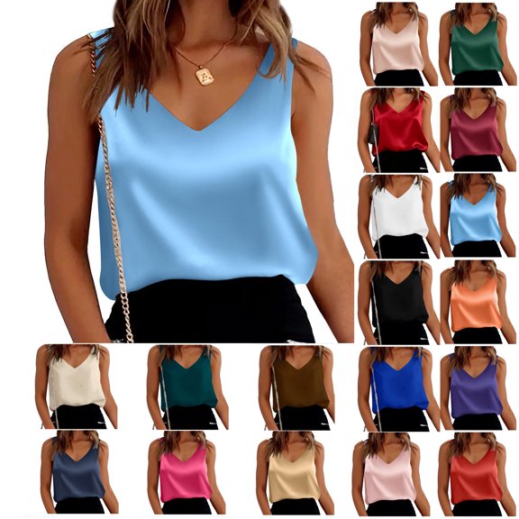 Fgnfyis Tank Tops for Women Satin Tank Tops Loose Fit Sleeveless V Neck Camisole Blouses Shirt Top Womens Tops Sky Blue_002 XL