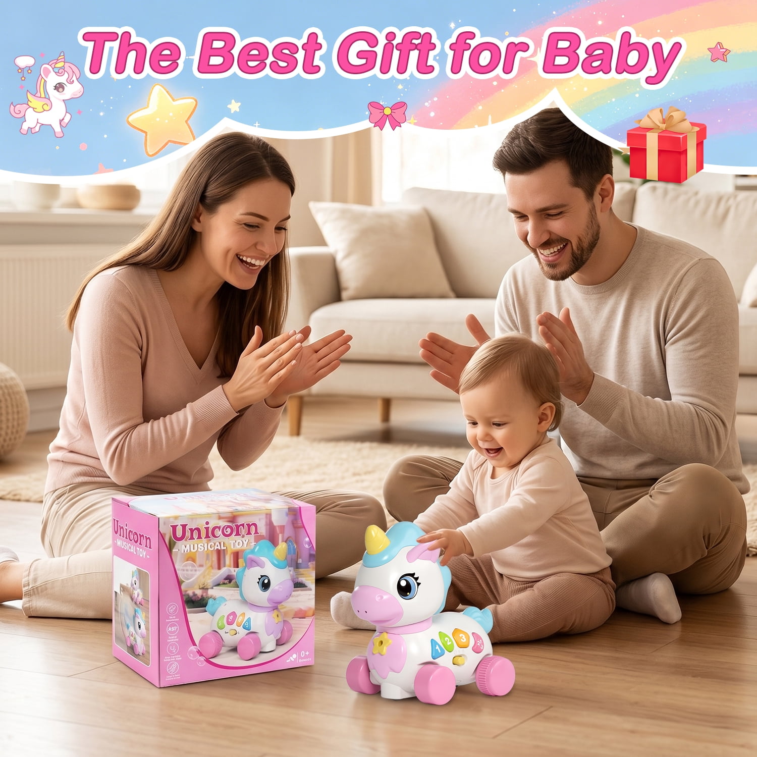 QOQ Baby Unicorn Musical Toy with Music & Lights, Bilingual Educational Sensory Toy for 6-18 Months, Crawling & Walking Learning Toy for Infants & Toddlers, Birthday Gift for Baby Girls Boys