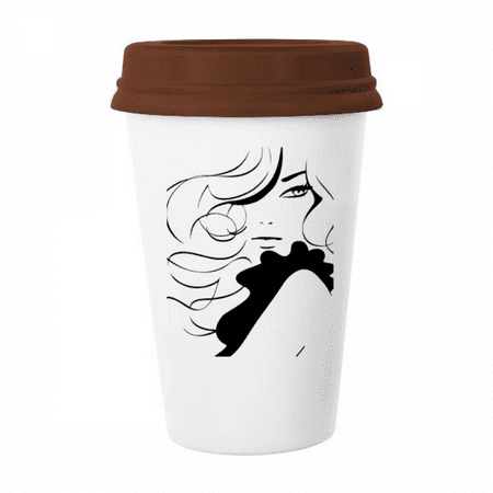 

Girl Long Hair Lady Outline Mug Coffee Drinking Glass Pottery Cerac Cup Lid