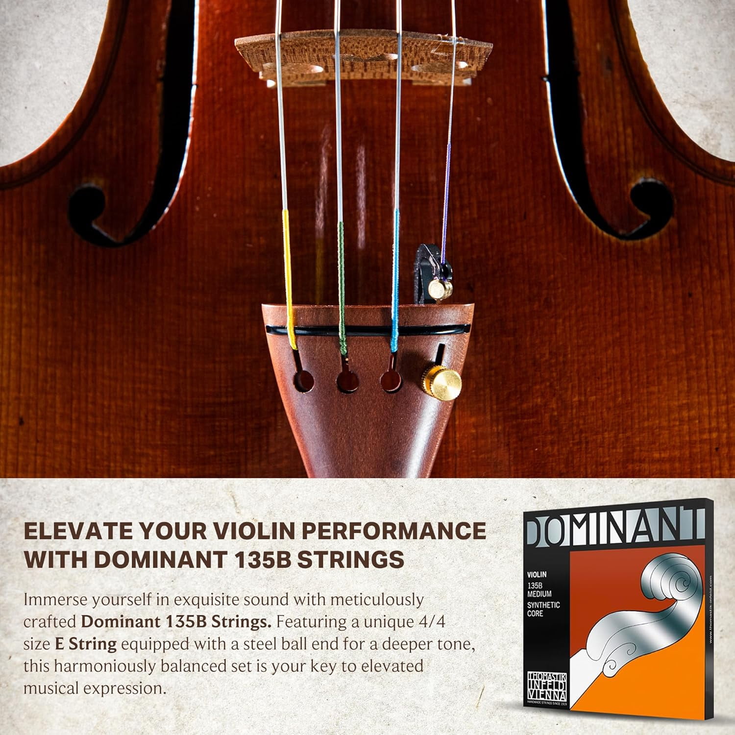 Thomastik-Infeld 135B Dominant Strings Set 4/4 with Steel E Ball - Corrosion Resistant Violin E String with Aluminum Wound Ball End - Flexible Violin Strings with Easy Modulation for a Rich Tone