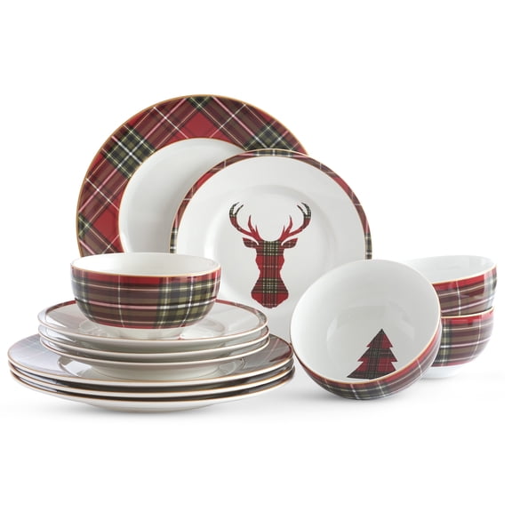 222 Fifth Wexford Red 12-Piece Set Porcelain Dinnerware Set, Red & Green