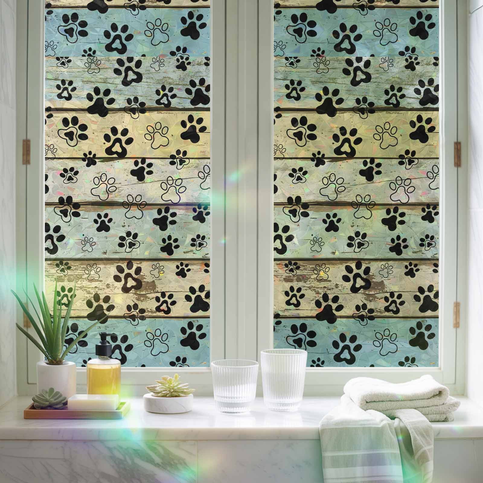 Teal Brown Paw Prints Window Privacy Film Rainbow Static Cling Stain Glass Window Film for Glass Door, Decorative Sunroof Decal Sticker for Car Bathroom 23.6"x78.7" Vintage Farmhouse Wooden Grain