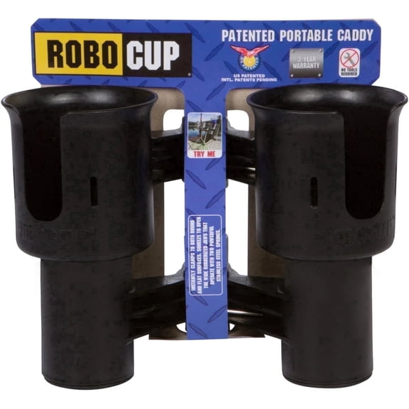 ROBOCUP Black Clamp-On Cup Holder & Portable Storage Caddy for Boats, Golf Carts, Strollers, Beach Chairs & Wheelchairs