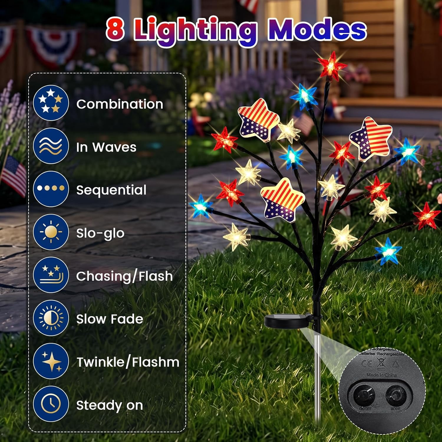 4th of July Decor Outdoor, 2 Pack Red White Blue Star Solar Garden Lights with 8 Modes, Twinkle Star Tree Lights Pathway Lights Outdoor Waterproof, Patriotic Lights for Independence Day Memorial Day