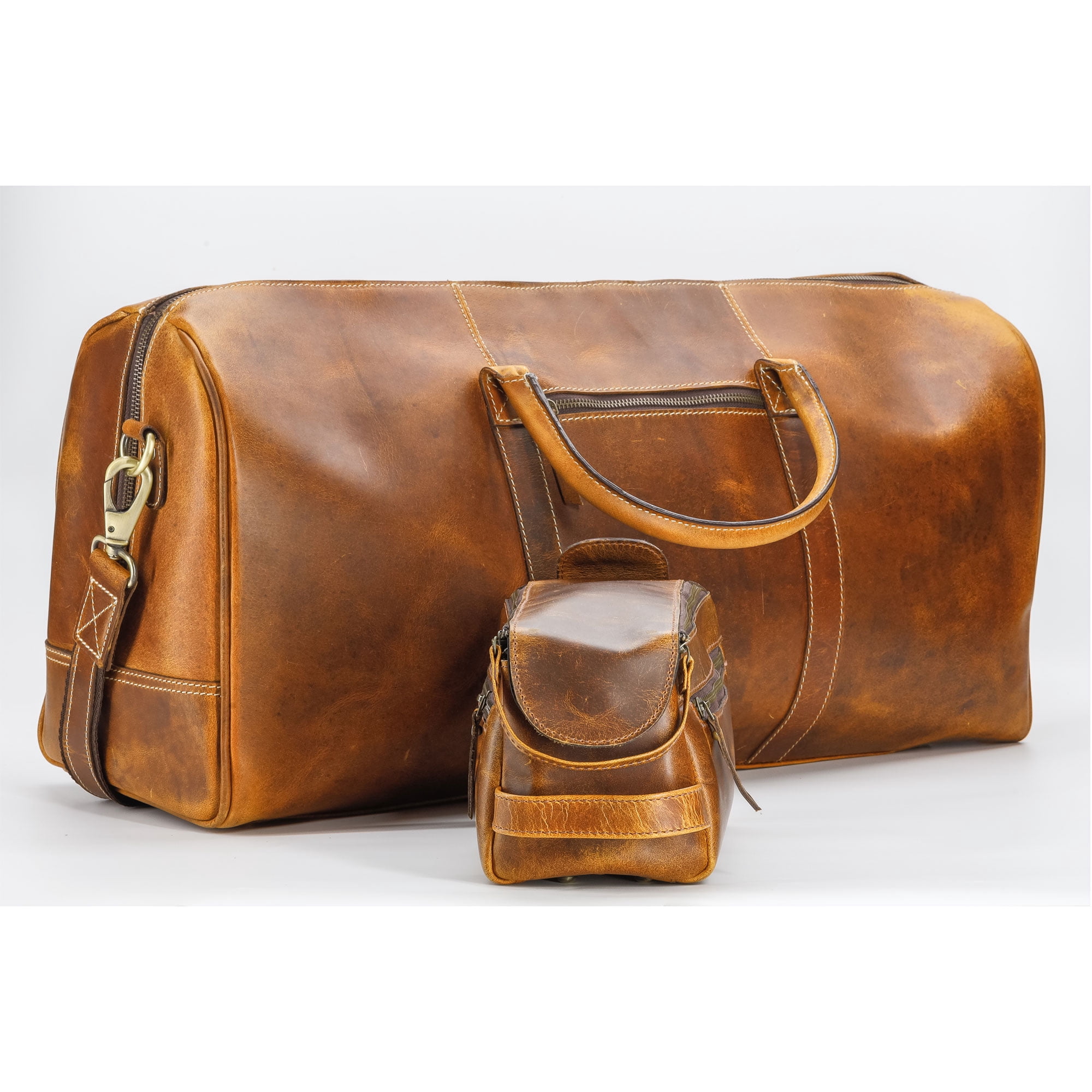 Men’s Full Grain Buffalo Leather Duffel Bag with Toiletry Kit – 24" Handmade Weekender Travel Bag with YKK Zippers & Brass Hardware