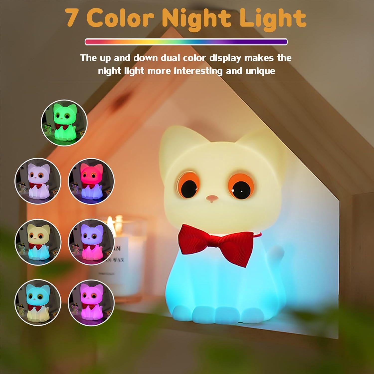 Night Light for Kids, 7 Colors Rechargeable Cute Soft Silicone Cat Lamp with Tap Control, Dimmable Nursery Night Lights Kawaii Room Decor, Cute Night Light Gift for Baby Toddlers Boys Girls (RGB)
