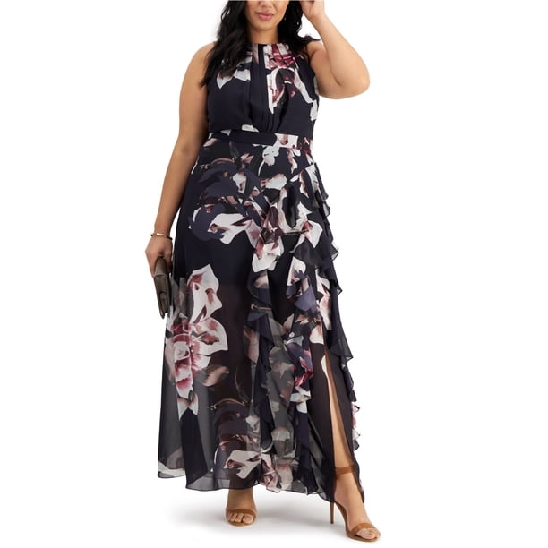 Betsy & Adam Womens Ruffled Chiffon Print Maxi Dress blue 24W
