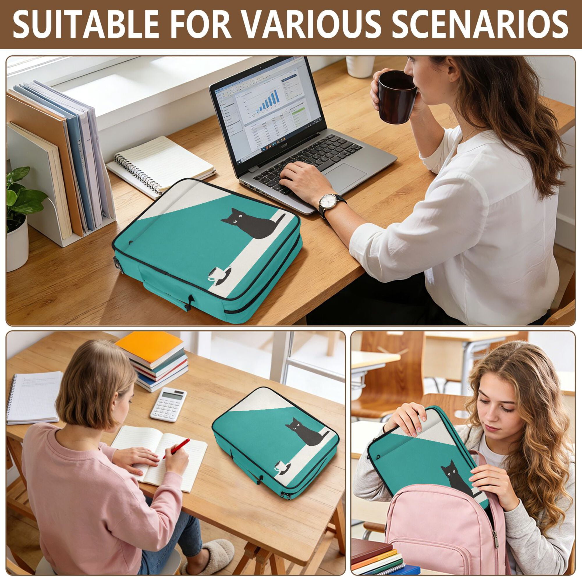 FORMRS Accordion File Folder A4 Size 7-Pocket Expanding Document Organizer Bag with 3 Ring Binder, Black Cat and Coffee