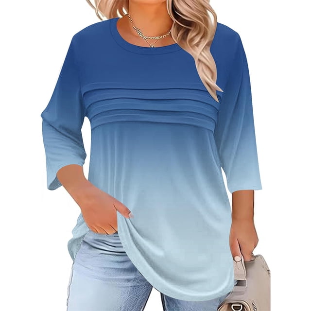 Neewe Womens Plus Size Tops 3/4 Sleeve Shirts Crewneck Pleated Blouses Dressy Casual Fashion Tunic Top (1X-5X)