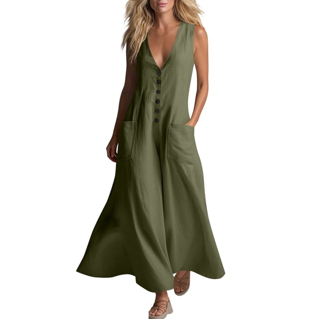 JMYHOAM Robes pour Femmes Robes d'Été pour Femmes Robe Débardeur en Lin Ample avec Poches Manches Trois-Quarts Longue Robe, Vert Armée, P-TTG