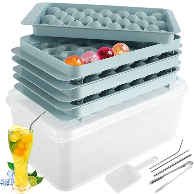 Nyidpsz 3 Layer Ice Cube Tray with Scoop Tong Easy Release Ice Ball Mold Tray with 3 Reusable Straws Ice Cube Maker Container