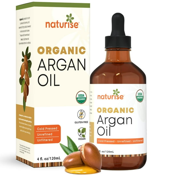Aceite de argán orgánico Naturise USDA para cabello y piel: aceite de argán 100 % puro de Marruecos para rostro, piel hidratada y crecimiento del cabello. Vegano, sin OMG, prensado en frío y sin refin