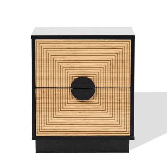 LuxenHome 20.5"H Night Stand, Mid Century Modern Nightstand with 2 Drawers, Boho Bedside Table with Bamboo Strips Pattern, Black