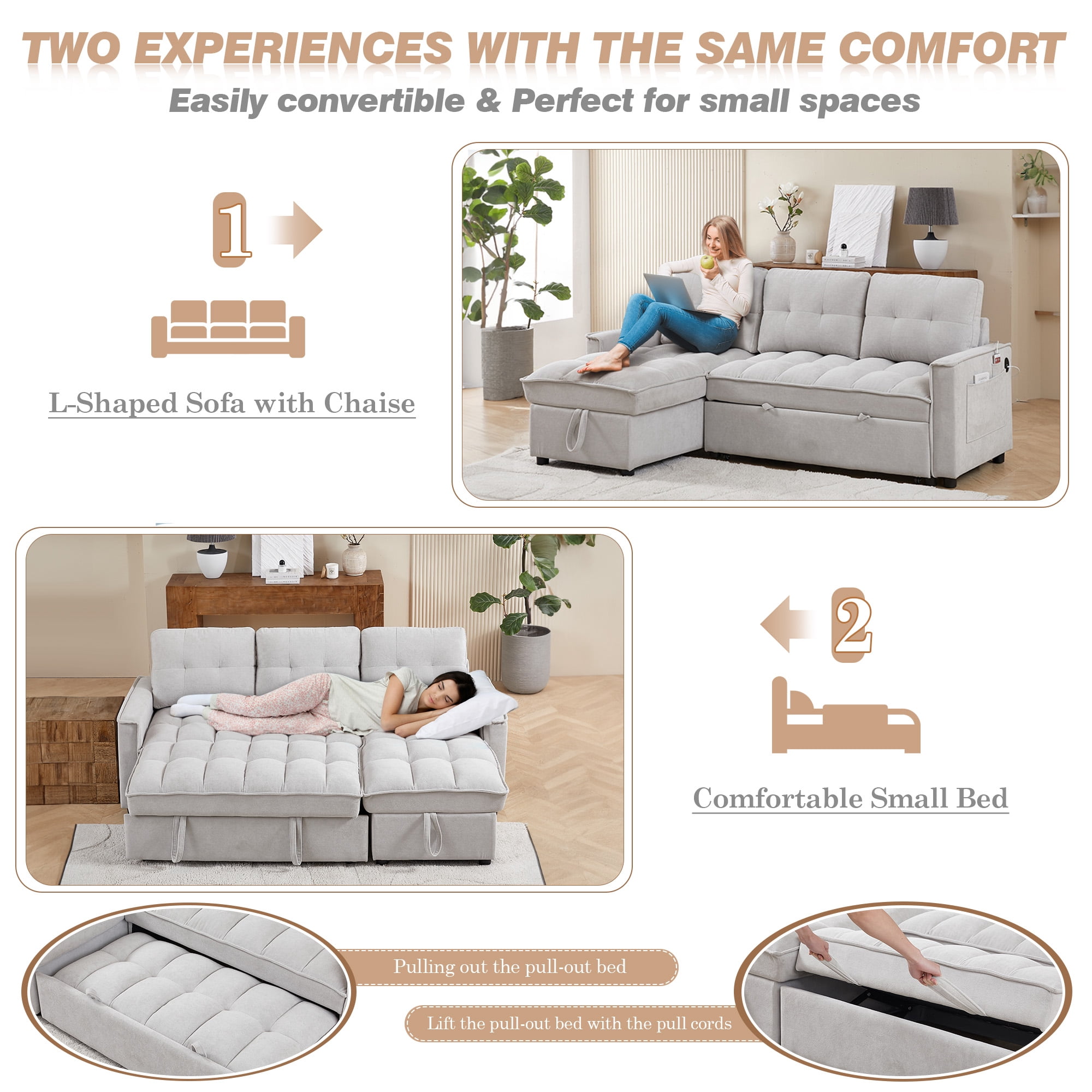 Lunale Convertible Sofa Bed with Reversible Storage Chaise, Sleeper Sectional Sofa with USB Charging Ports, L-Shaped Sectional Sofa for Apartment, Light Gray Chenille