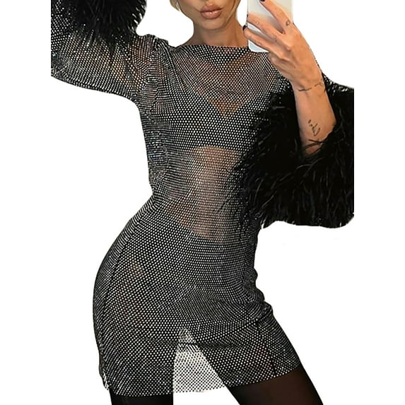 KelaJuan Women's Dress, Round Neck Feather Decorated Long Sleeve High Waist Mesh Shiny Mini Dresses