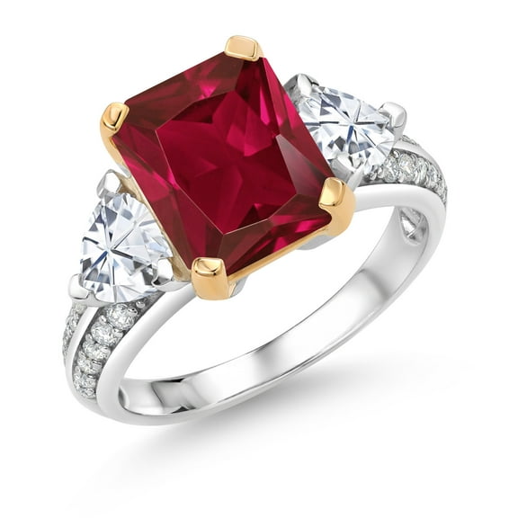Gem Stone King 925 Sterling Silver and 10k Yellow Gold Red Created Ruby and White Moissanite 3 Stone Engagement Ring for Women (4.93 Cttw, Octagon Cut 10X8MM, Size 8)