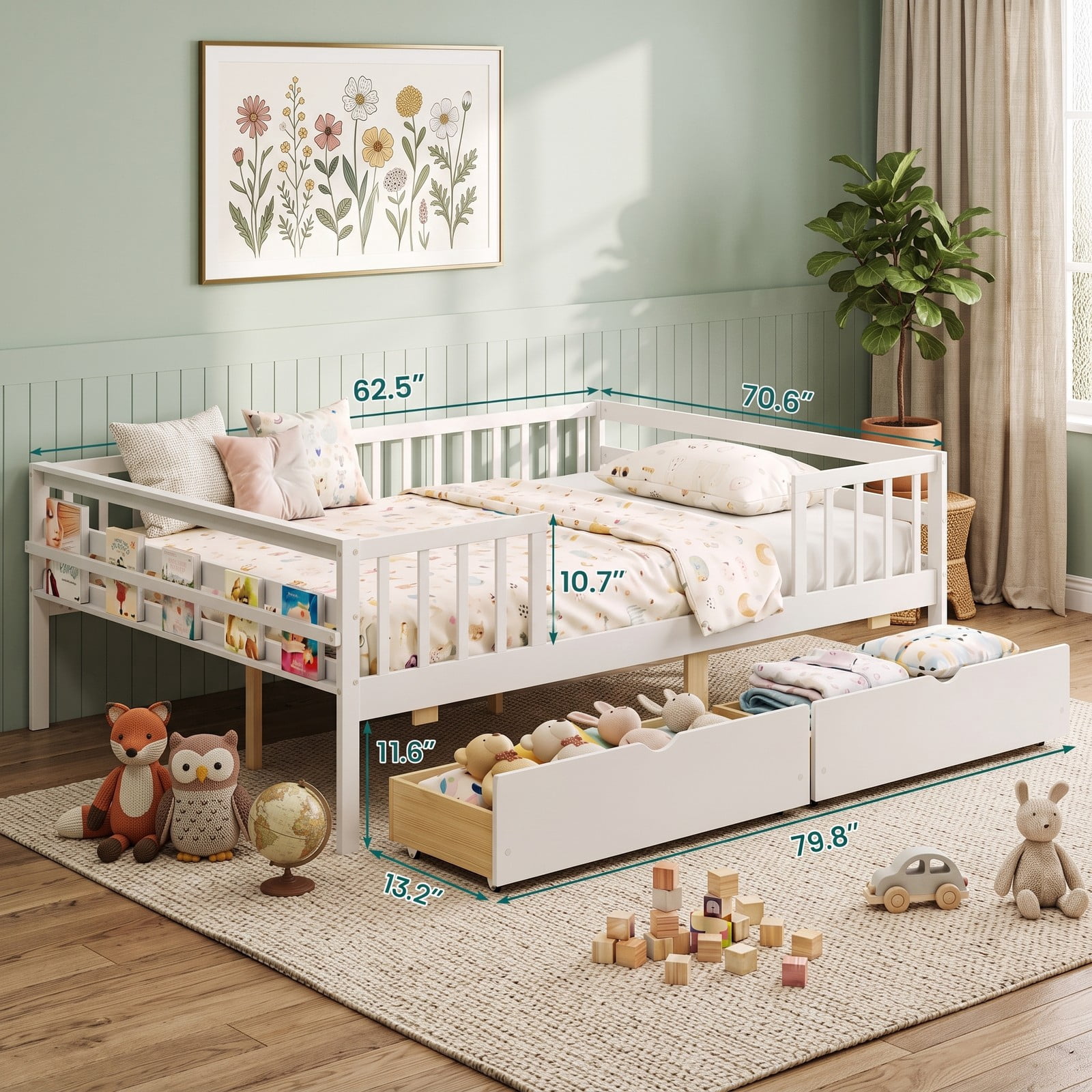 Furnibear Full Size Wood Daybed with Full Fence Rails and 2 Pull-Out Storage Drawers for Kids and Teens Bedroom and Nursery, White