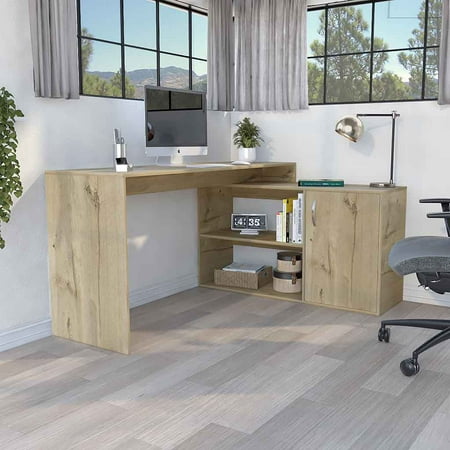 Axis 59 Inch Light Oak L Shaped Desk with Open Shelves and Cabinet