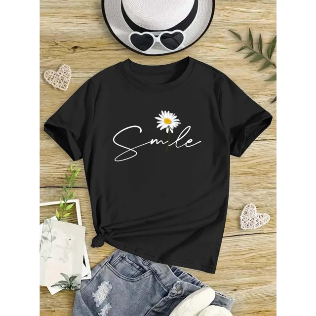 Camiseta estampada "Smile" Daisy para niña - Camiseta informal de algodón negro de manga corta y cuello redondo, lavable a máquina para primavera/verano
