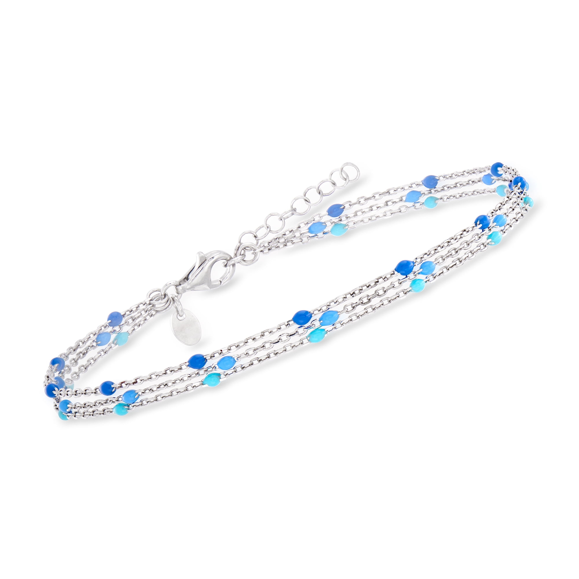 Ross-Simons Italian Tonal Blue Enamel Beaded Station Anklet in Sterling Silver, Women's, Adult