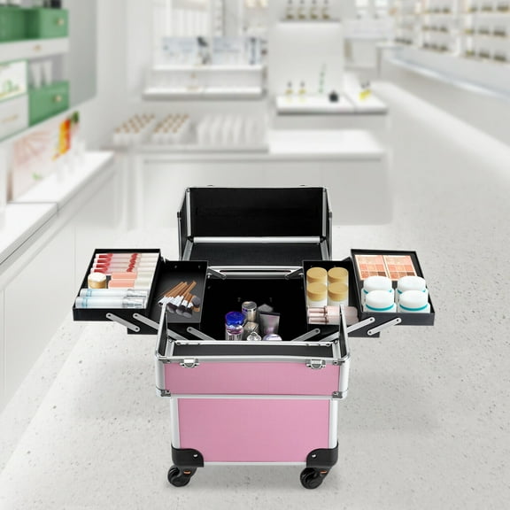Pink Rolling Train Case Aluminum Trolley Professional Cosmetic Organizer Box for  Makeup Artists, Hair Stylists, Cosmetologists