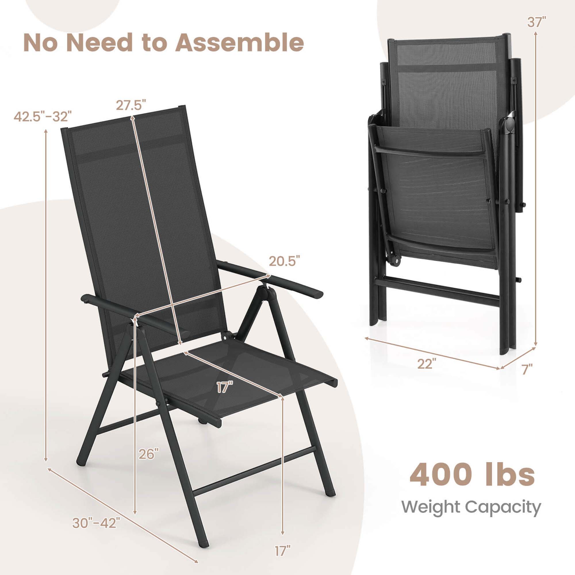 Costway 1 PCS Patio Folding Dining Chair with 7-Level Adjustable High Backrest for Garden Black