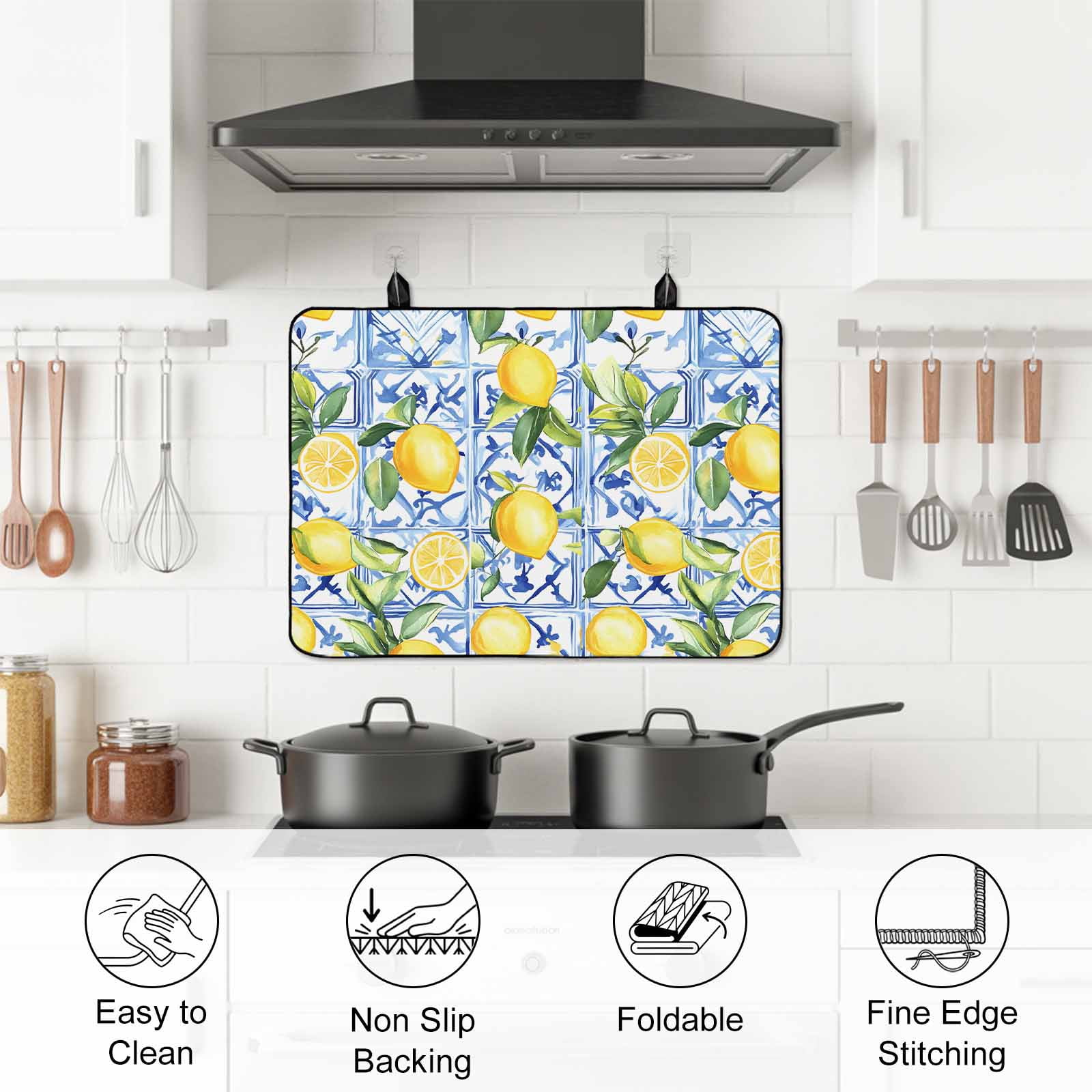 Yellow Lemon Stove Top Cover for Electric Stove, Heat-proof & Non Slip Glass Top Stove Cover Protector, Botanical Spring Leaves Abstract Blue Tile Kitchen Flat Cooktop Rubber Mat 24x21 Inches