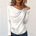 thumbnail image 2 of Lenpel Satin Blouses for Women Trendy Long Sleeve Crew Neck Ruched Curved Hem Dressy T Shirts Business Casual Tops(White,Medium), 2 of 5