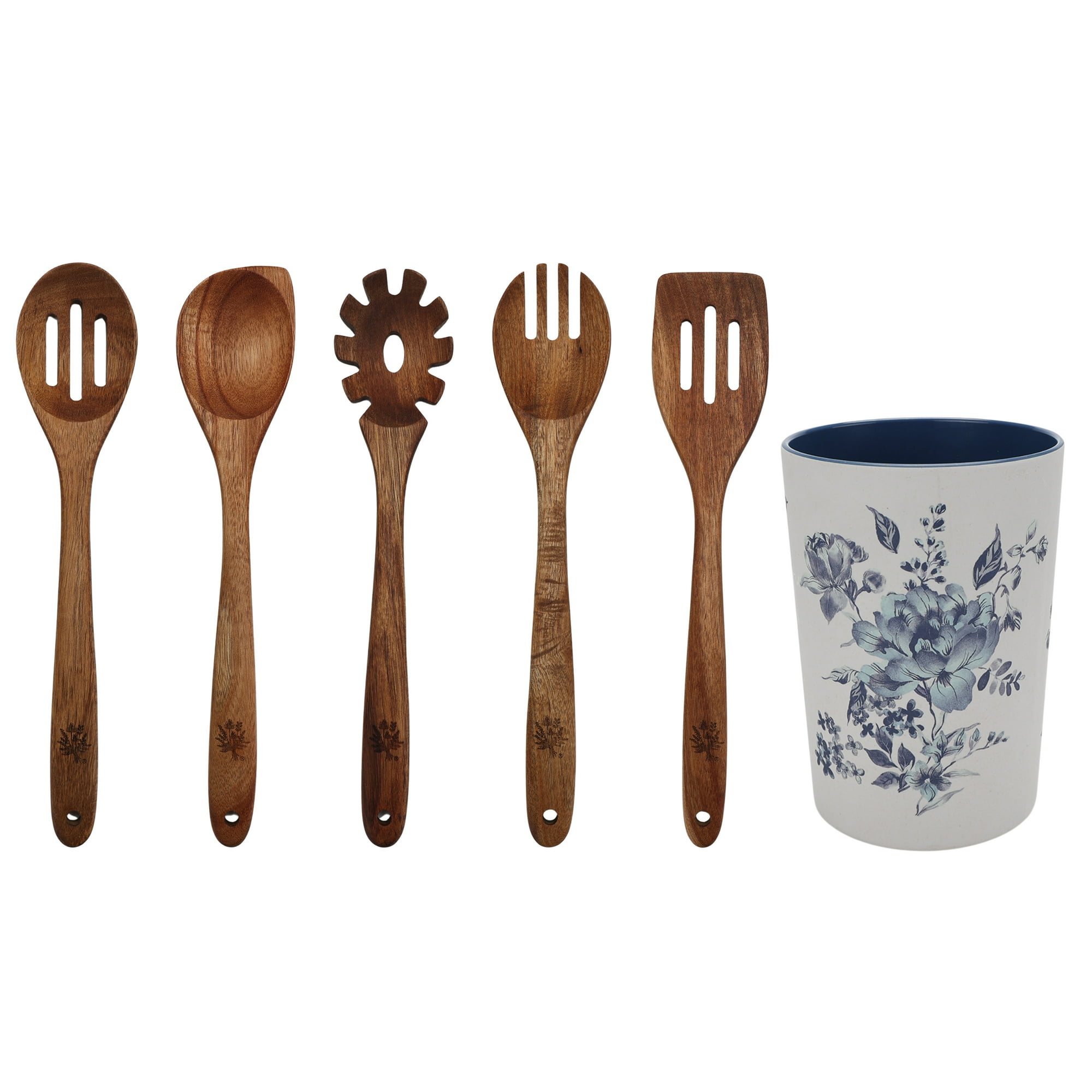 The Pioneer Woman Delilah 6-Piece Acacia Wood & Bamboo Melamine Crock Set, Blue