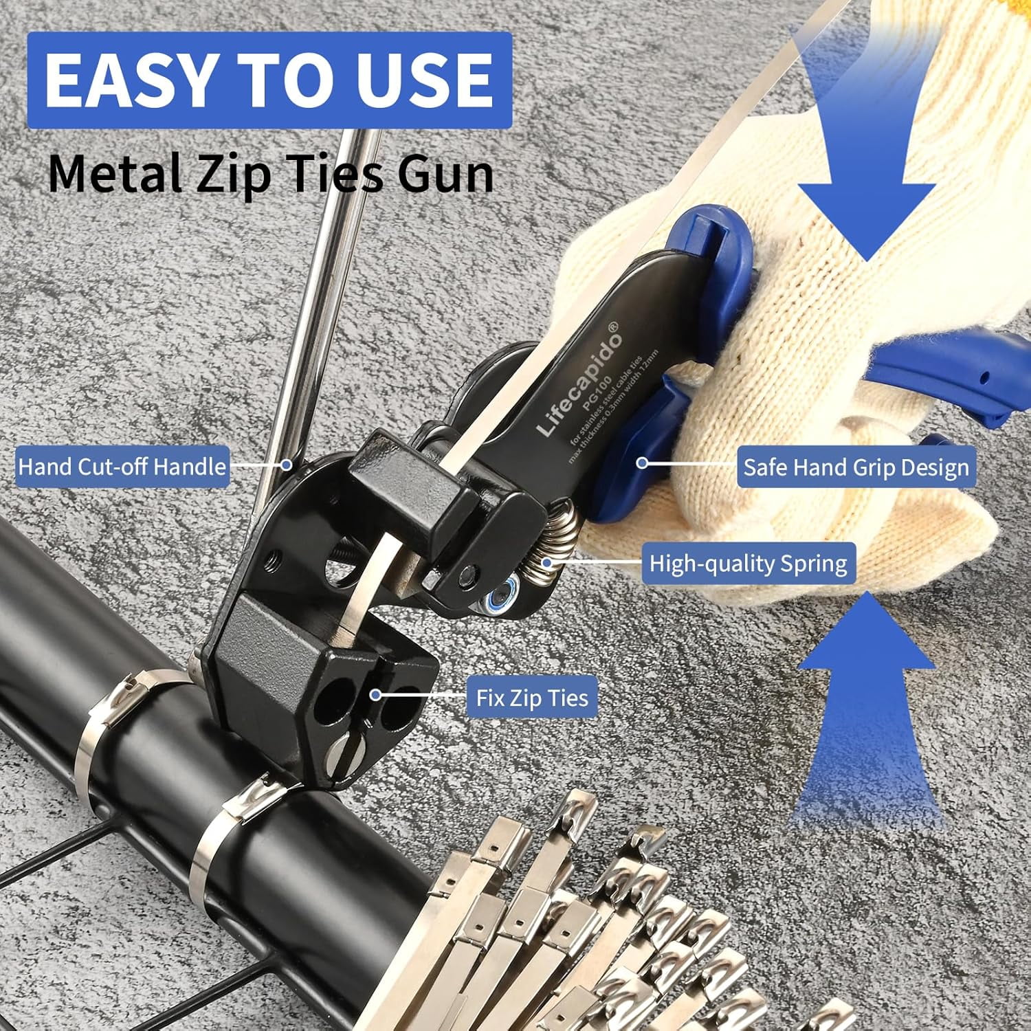 Metal Cable Ties Tool, stainless steel ties gun with built-in cutter, adjustable fastening cutting ties tool, comes with 100 pieces of 11.8-inch self-locking stainless steel ties, ties organizer and