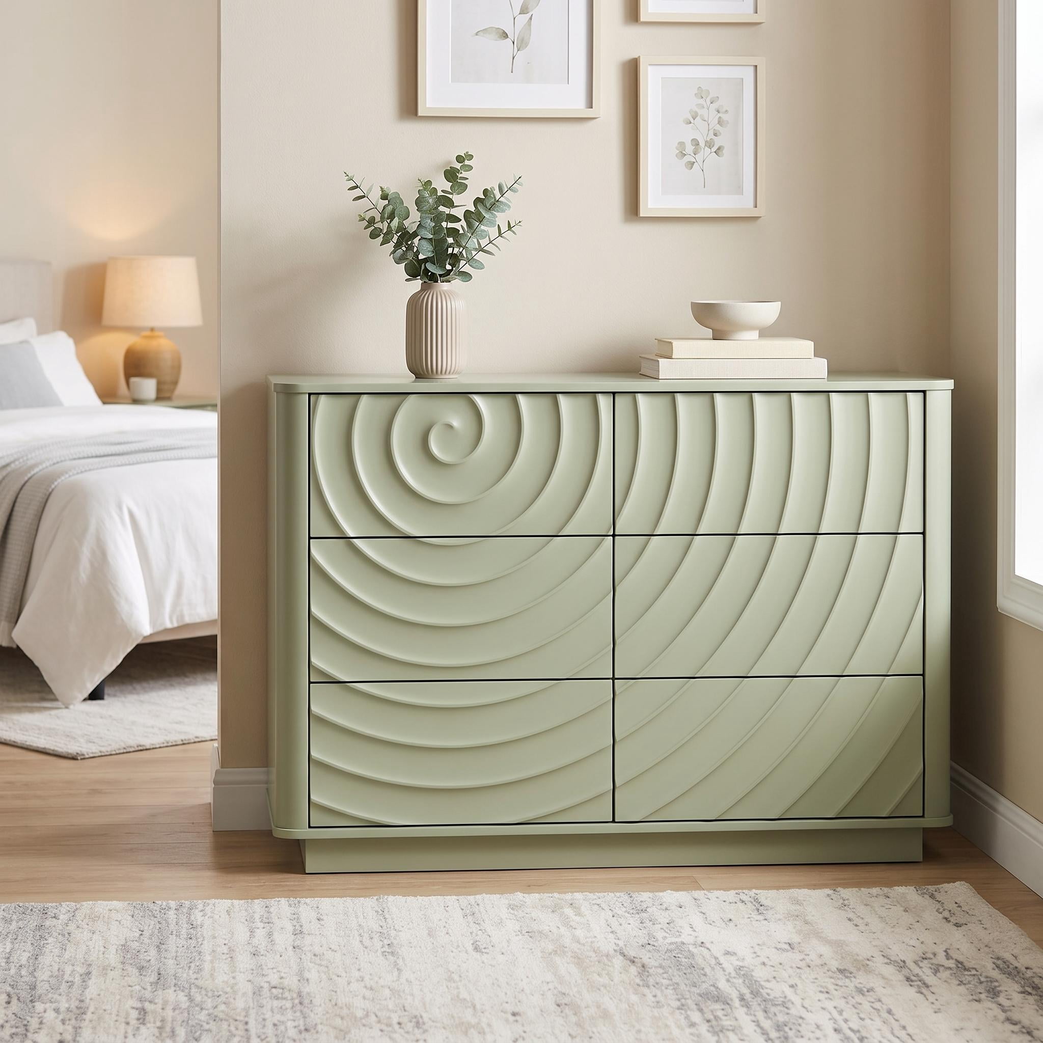 Homy Casa 46.5" Modern Wave Front Dresser Chest with Storage Drawers for Bedroom Green