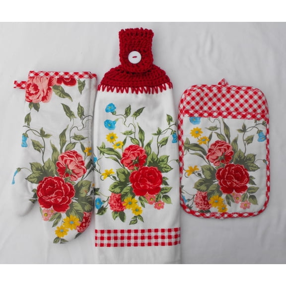 SWEET ROSE - RED GINGHAM - DOUBLE THICK/FULL CROCHET TOP HANGING KITCHEN TOWEL, MATCHING OVEN MITT AND POTHOLDER