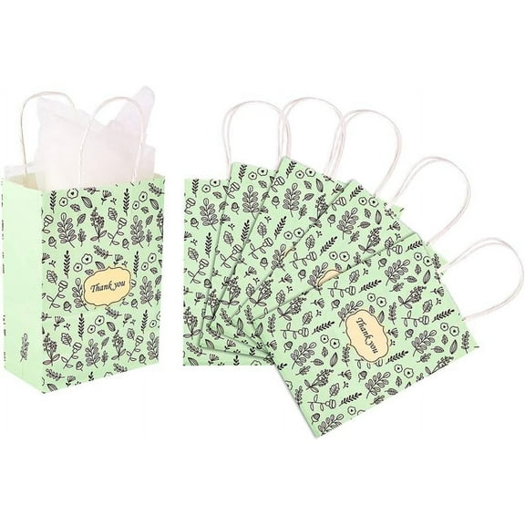 10 Pack Thank You Gift Bags with Handles 5.9" x 8.2" x 3.9" Small Party Favor Bags Green Kraft Paper Bags