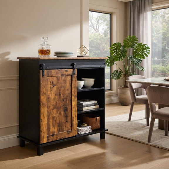 Demi Bonn Kitchen Storage Cabinet, Buffet Sideboard,dustrial Storage Cabinet with Sliding Barn Door, for Dining Room, Kitchen, Living Room, Rustic Brown