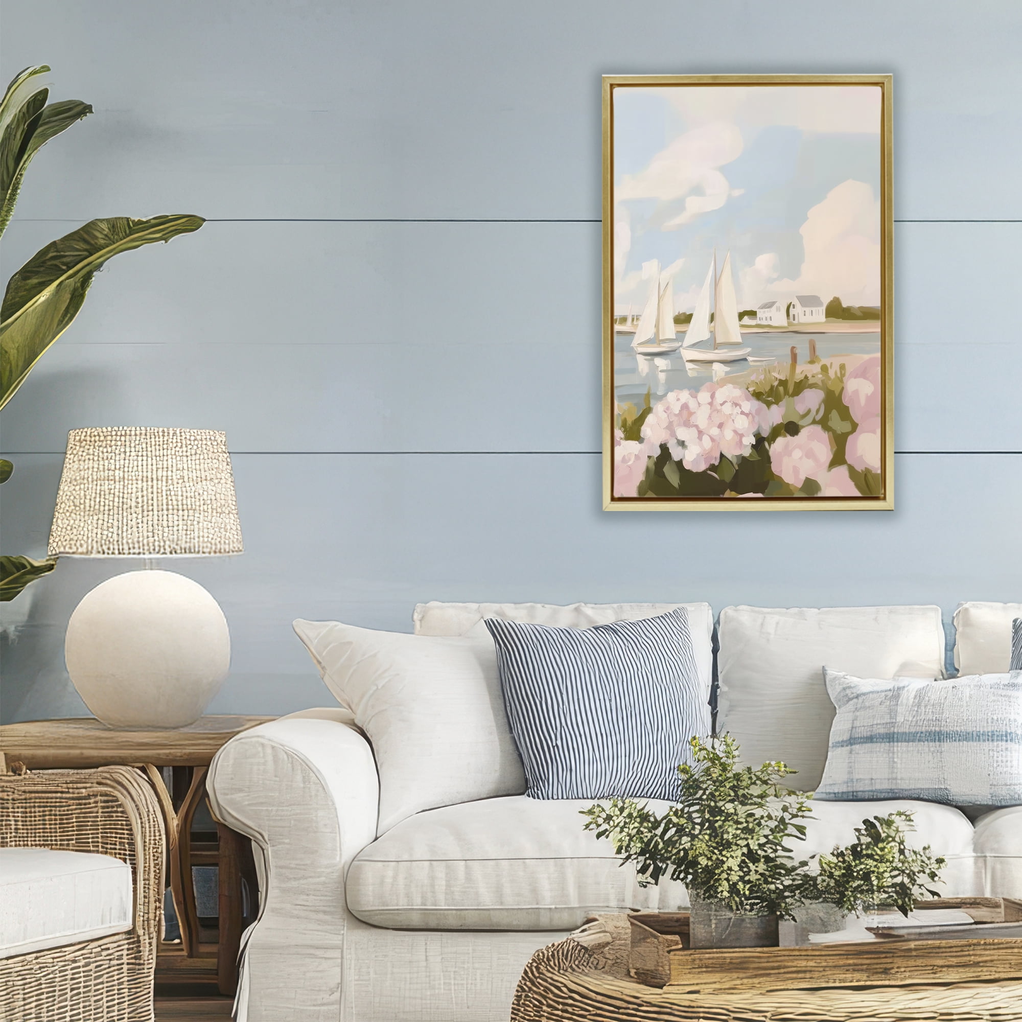 Stupell Industries Pink Hydrangeas with Sailboats Gold Framed Floater Canvas Wall Art, design by Sisi and Seb