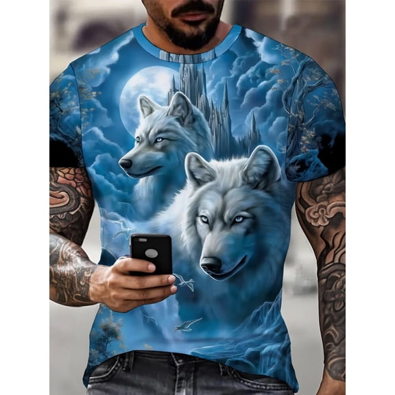 Men's 3D Digital Printed Short Sleeve T-Shirt - Fully Sealed Design, Regular Crew Neck, Comfortable Casual Clothing, Printed Shirt Wolf Head Pattern Shirt Men's 3D Wolf T-Shirt Men's